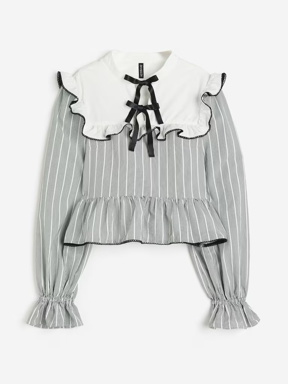H&M Tie-Detail Frill Trimmed Ruffle Bib Bow Black & White Striped Blouse